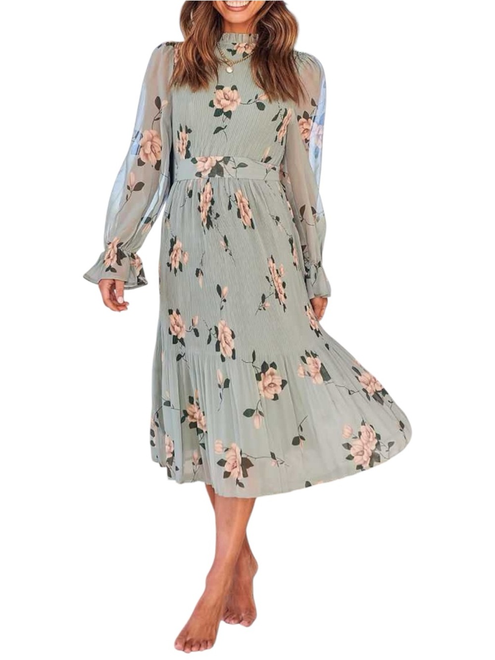 Anrabess Sage Green Floral Pleated Dress Ruffle Mock Neck Long Sleeve - Medium - Picture 7 of 7